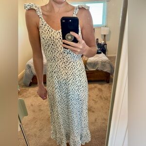 Japna White, Blue, and Black Midi Dress with Adjustable Sleeves